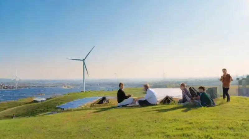 Campo verde con paneles solares y turbinas eólicas