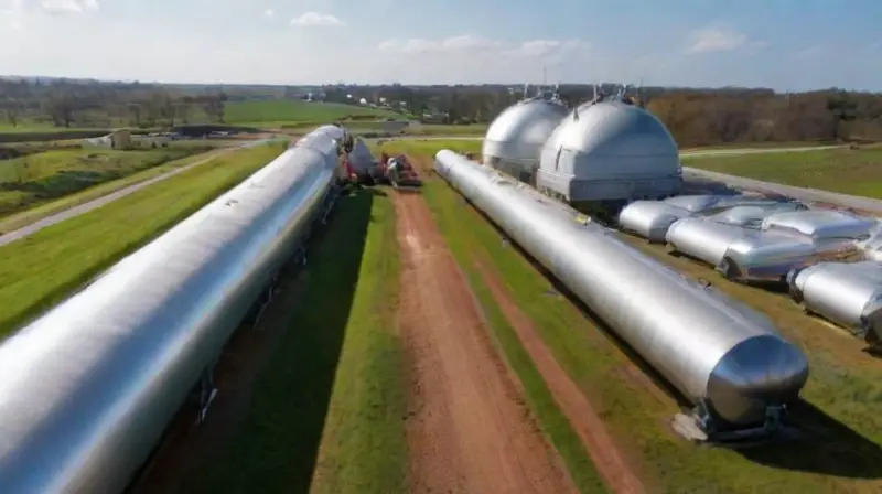 Instalación de biogás con actividad industriosa visible